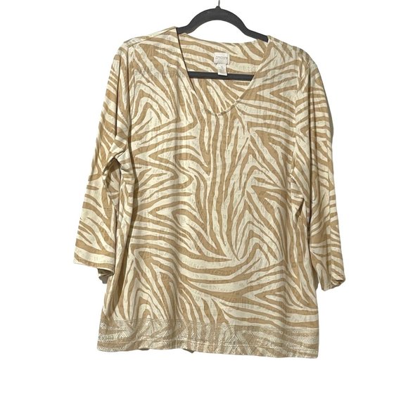 Chico’s women's size 3 (XL) beige/gold zebra print v neck top - Picture 1 of 7